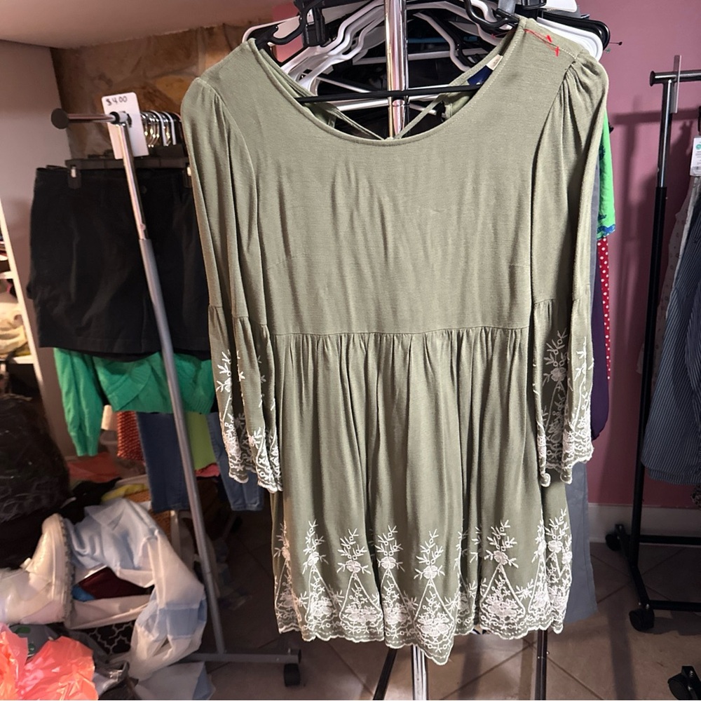 Blue Rain Olive Asymmetrical Dress with Ivory Detailing
